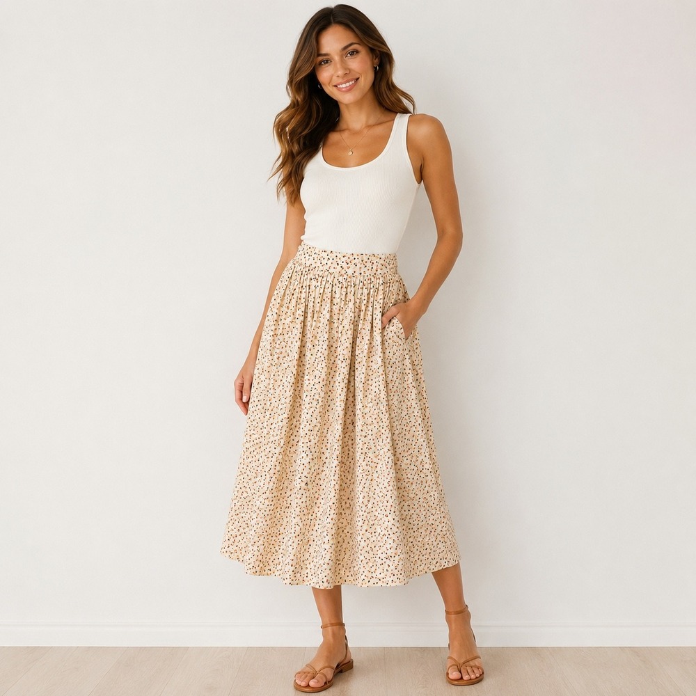 Vintage Esprit‎ Collection Polka Dot Midi Skirt White Cotton Pleated 11/12 Boho